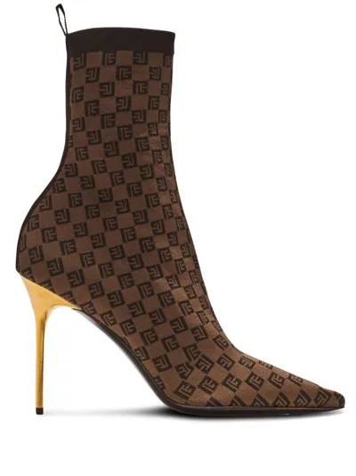 Balmain Skye Monogram Knit Stiletto Booties In Brown