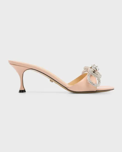 Mach & Mach Crystal Patent Double Bow Mule Sandals In Nude