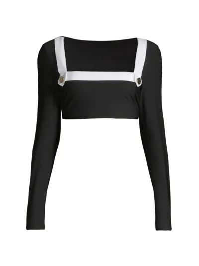 Stylest Dreamsculpt Long-sleeve Cropped Rashguard Swim Top In Caviar Blanc