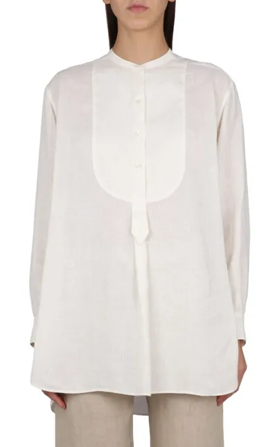 Aspesi Collarless Buttoned Shirt In Beige