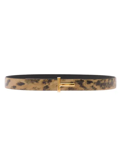 Tom Ford T Logo Leopard Print Buckle Belt In Multi