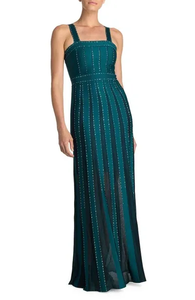 St John Strass-embellished Square-neck Sleeveless Sheer Striped Pique Gown In Teal