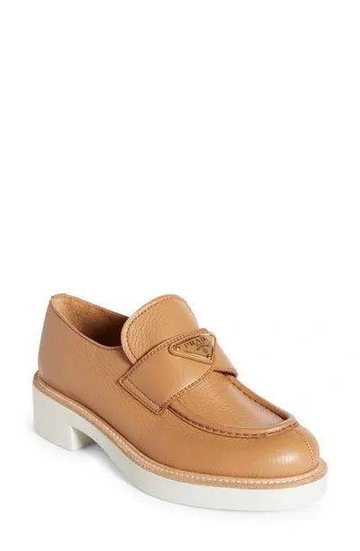 Prada Triangle Logo Platform Loafer In Caramel