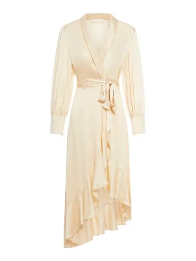 Zimmermann Ruffled Silk Wrap Midi Dress In Nude & Neutrals