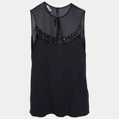 Pre-owned Miu Miu Black Silk Crepe & Tulle Embellished Detail Sleeveless Top M