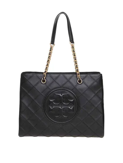 Tory Burch Fleming Shopping Bag In Quilted Leather In Black