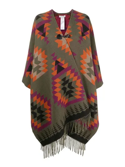 Woolrich Ikat-print Fringed Wool-blend Cape In Green