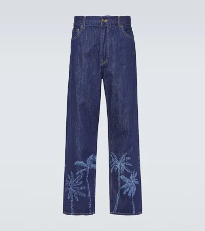 Alanui Jungle Printed Denim Pants In Blue