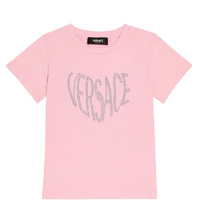 Versace Kids' Logo Embellished Cotton Jersey T-shirt In Tutù Pink+rosa