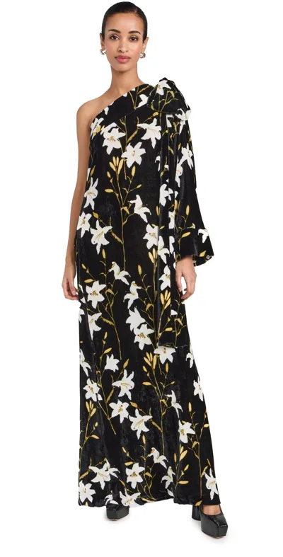 Bernadette Nel Velvet Floral One-shoulder Dress With Bow Shoulder In Lily Black All White Flowers