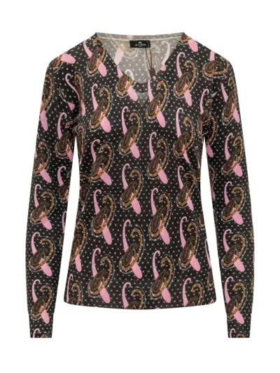 Etro Stretch Silk Sweater With All-over Pink Paisley Pattern In Black