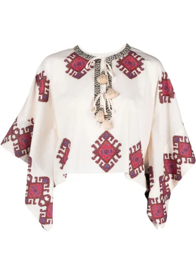 Johanna Ortiz Bushveld Cotton Poncho Top In Ecru Grape Wine