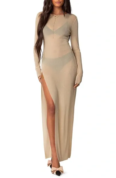 Edikted Glitter Long Sleeve Mesh Maxi Dress In Champagne