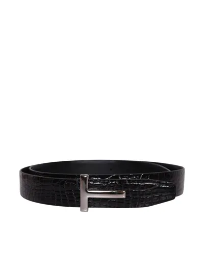 Tom Ford T Logo Embossed Buckle Belt In Brown