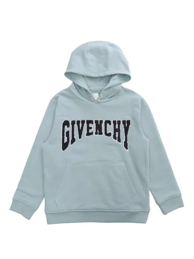 Givenchy Kids Logo Flocked Drawstring Hoodie In Blue