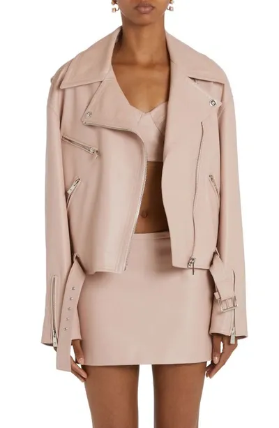 Versace Belted Plonge Leather Moto Jacket In Pink