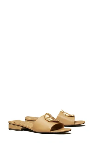 Tory Burch Patos Disc Leather Slide Sandals In Ginger Shortbread/gold