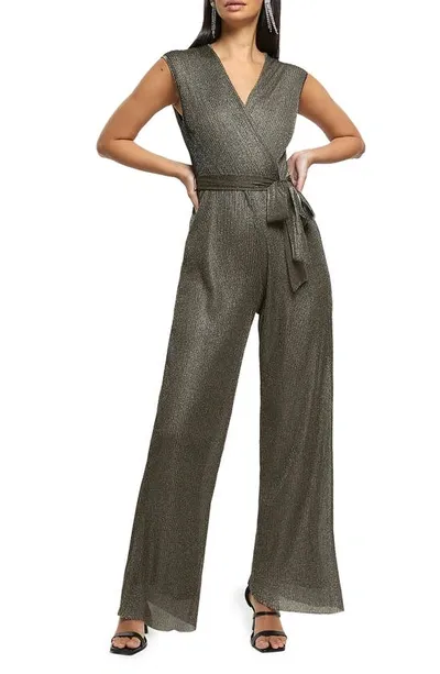 River Island Metallic Straight Leg Plissé Jumpsuit In Bronze