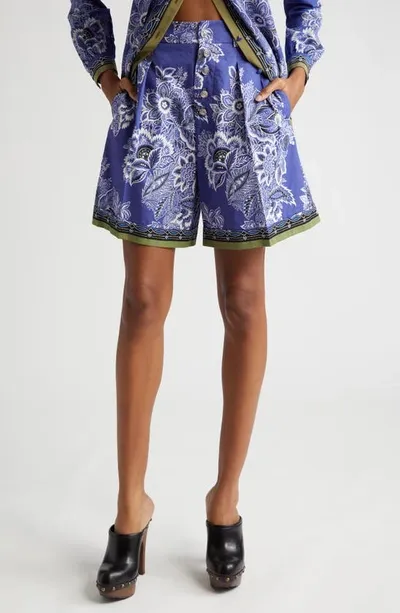 Etro High-rise Bandana Border-print Pleated Shorts In Print Floral Blue