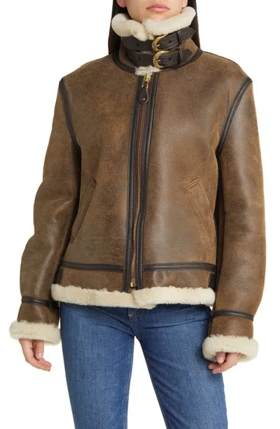 Schott Nyc Genuine Shearling & Leather Bomber Jacket In Brown