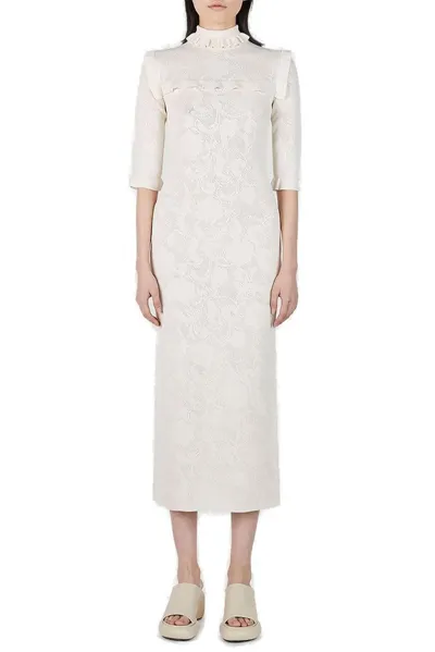 Sportmax Ruffle Detailed High Neck Midi Dress In White