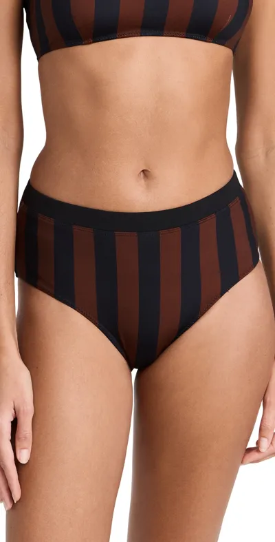 Staud Devon High Rise Bikini Bottoms Black/tan Seashore Stripe