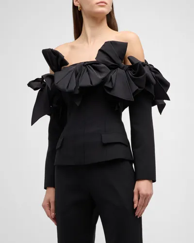 Oscar De La Renta Off-the-shoulder Ruffled Blazer In Black