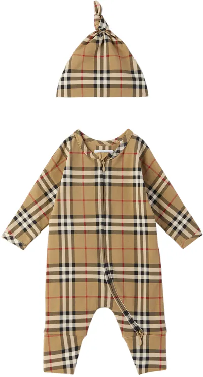 Burberry Baby Beige Check Jumpsuit & Beanie Set