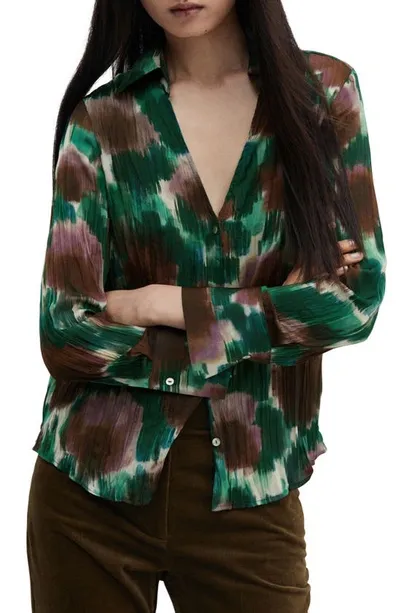 Mango Abstract Print Long Sleeve Button-up Top In Green