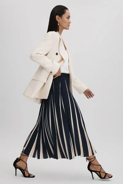 Reiss Navy/cream Saige Pleated Striped Midi Skirt