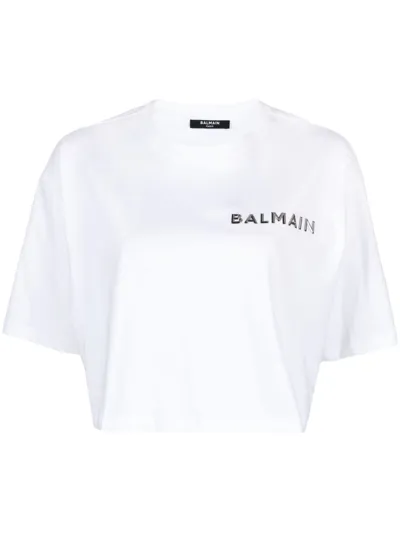 Balmain White Logo-appliqué Cropped T-shirt