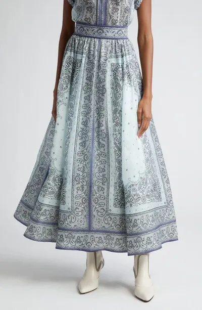 Zimmermann Matchmaker Gathered Linen-silk Midi Skirt In Blue Bandana