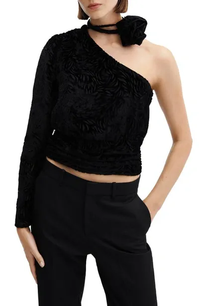 Mango Floral Burnout One Shoulder Velvet Top In Black