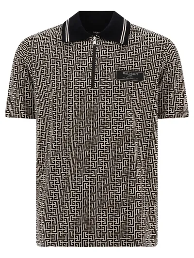 Balmain Monogram Jacquard -print Polo Shirt In Ivory Black