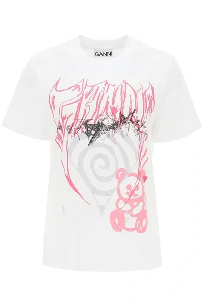 Ganni Elements Print Cotton Jersey T-shirt In White