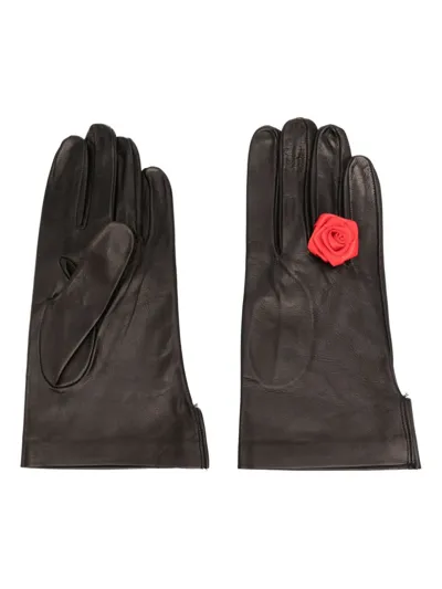 Canaku Floral-appliqué Leather Gloves In Black  