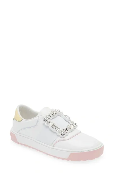 Roger Vivier Very Vivier Colorblock Crystal-buckle Slip Sneakers In White,pink