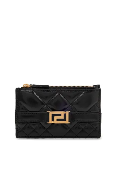 Versace Greca Goddess Quilted Zipped Card Holder In Black