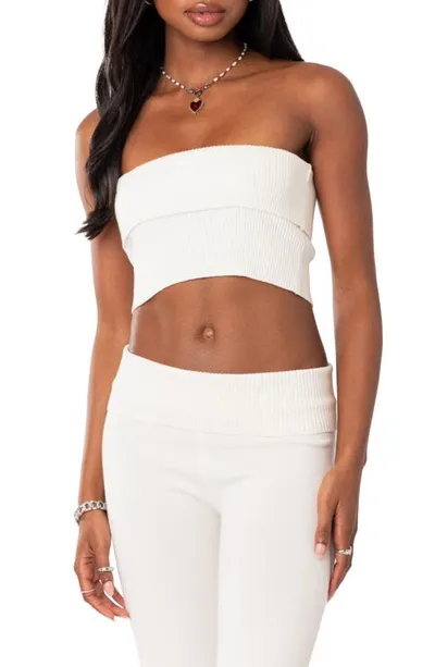 Edikted Desiree Foldover Strapless Rib Knit Crop Top In White