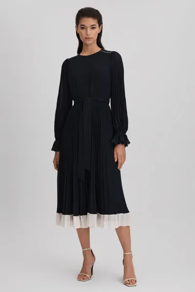 Reiss Navy/cream Pleated Belted Midi Dress