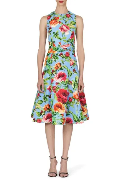 Carolina Herrera Floral-print Midi Dress With Twist Waistband In Lake Blue Multi