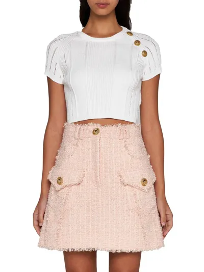 Balmain Frayed Hem Tweed Skirt In Pink