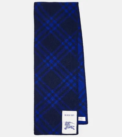 Burberry Logo-patch Checked Wool Scarf In Navy