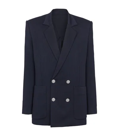 Balmain Monogram-pattern Double-breasted Blazer In Navy Blue