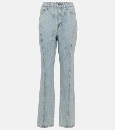 Self-portrait Embellished High-rise Straight Jeans In Blue