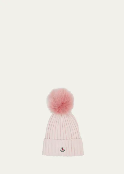 Moncler Ribbed Wool Beanie With Fur Pom In Light Pink