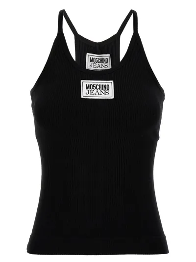 Moschino Jeans Logo Patch Sleeveless Knit Top In Black