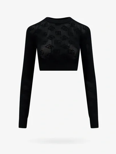 Dolce & Gabbana Cropped Mesh-stitch Viscose Sweater With Jacquard Dg Logo In Black