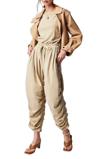 Free People Ruched Mixed Media Cotton Jumpsuit In Sand Jam