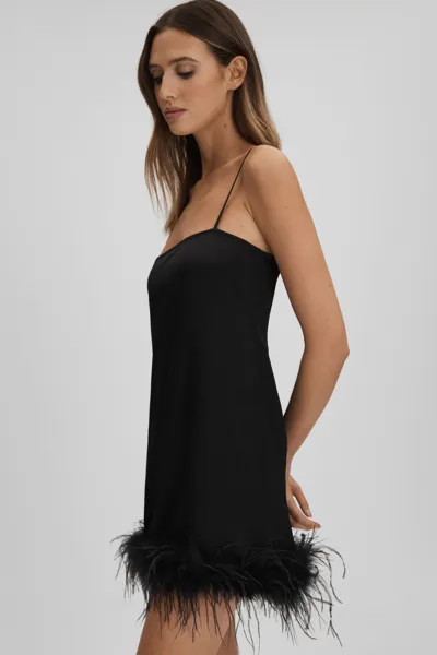 Maison Essentiele Silk Feather Trim Nightdress In Black